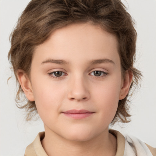 Joyful white child female with medium  brown hair and brown eyes