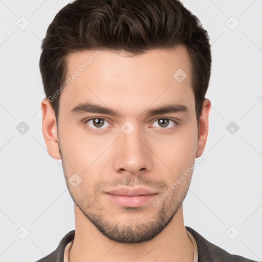 Neutral white young-adult male with short  brown hair and brown eyes