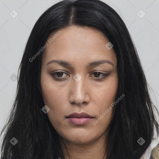 Neutral asian young-adult female with long  black hair and brown eyes