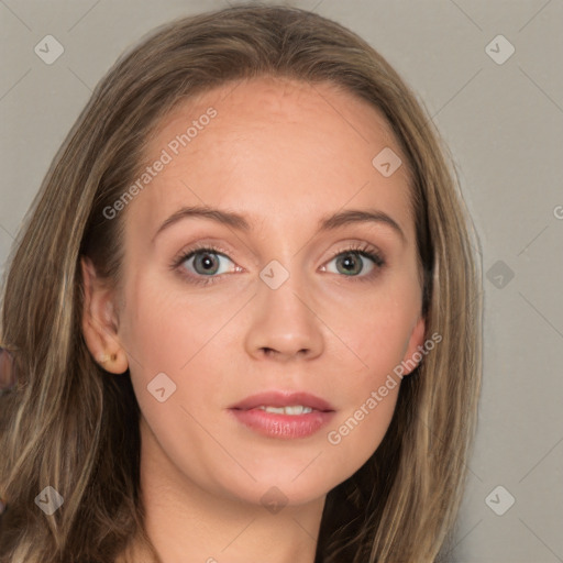 Neutral white young-adult female with long  brown hair and grey eyes