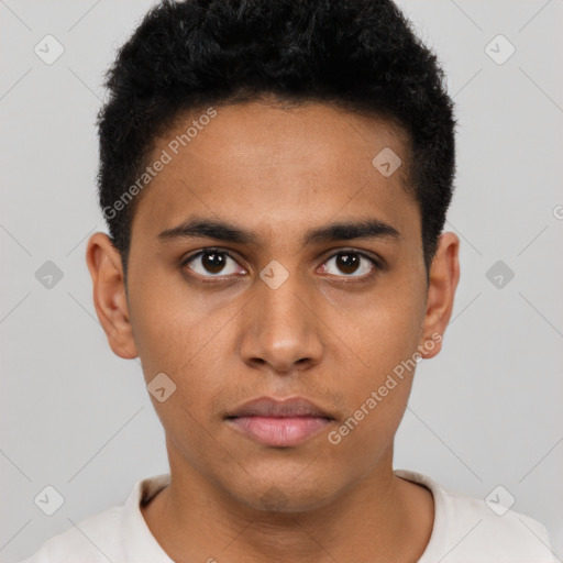 Neutral latino young-adult male with short  black hair and brown eyes