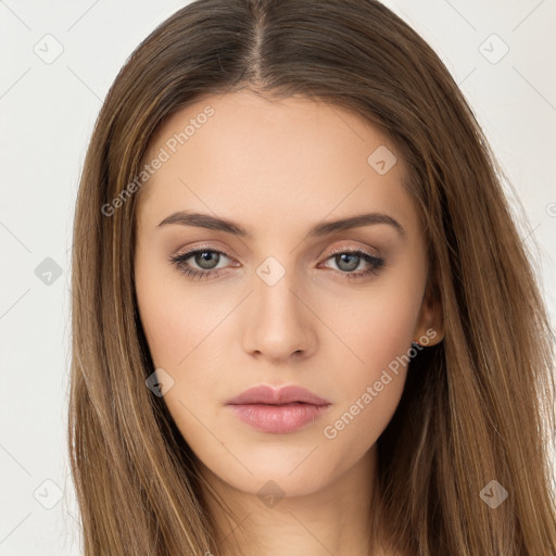 Neutral white young-adult female with long  brown hair and brown eyes