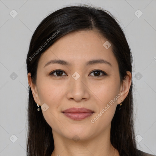 Joyful white young-adult female with long  brown hair and brown eyes