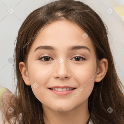 Joyful white child female with long  brown hair and brown eyes