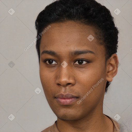 Neutral black young-adult female with short  black hair and brown eyes