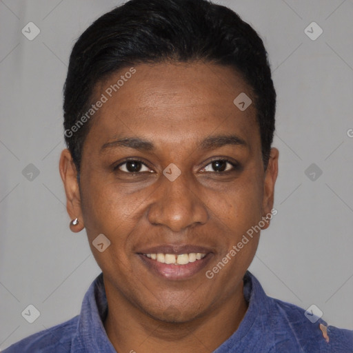 Joyful black adult male with short  black hair and brown eyes