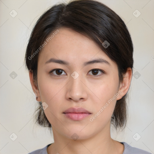 Neutral white young-adult female with medium  brown hair and brown eyes