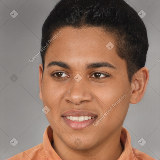 Joyful latino young-adult male with short  brown hair and brown eyes