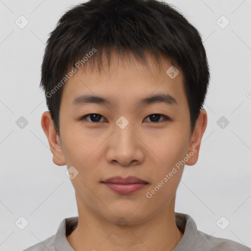 Neutral asian young-adult male with short  brown hair and brown eyes