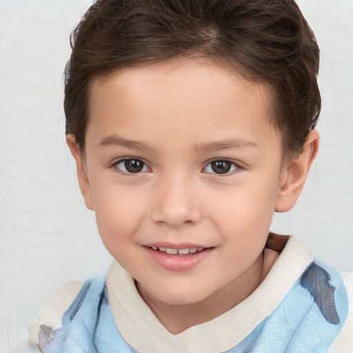 Joyful white child female with short  brown hair and brown eyes