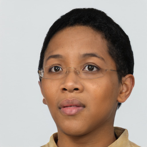 Neutral black young-adult female with short  black hair and brown eyes