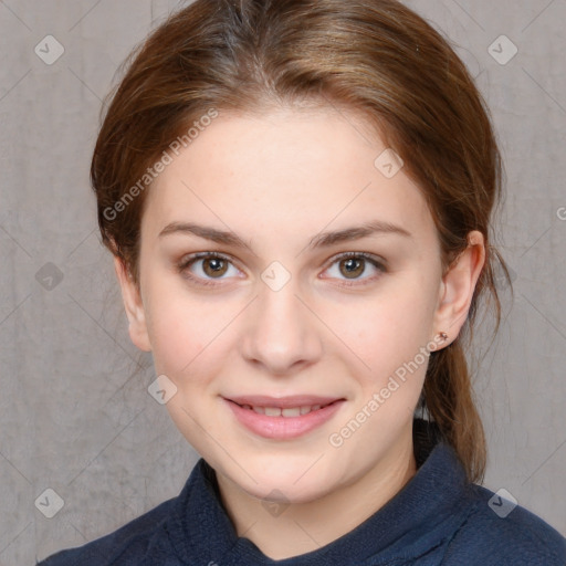 Joyful white young-adult female with medium  brown hair and blue eyes