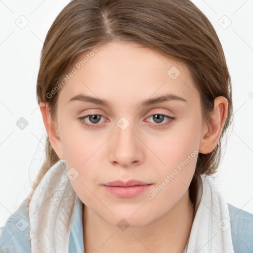 Neutral white young-adult female with medium  brown hair and brown eyes