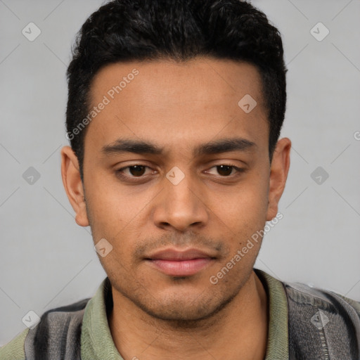 Neutral latino young-adult male with short  black hair and brown eyes