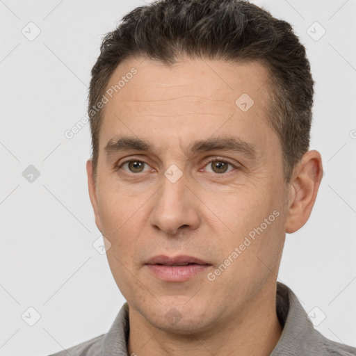 Neutral white adult male with short  brown hair and brown eyes