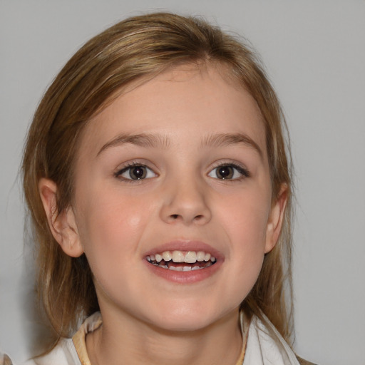 Joyful white child female with medium  brown hair and brown eyes