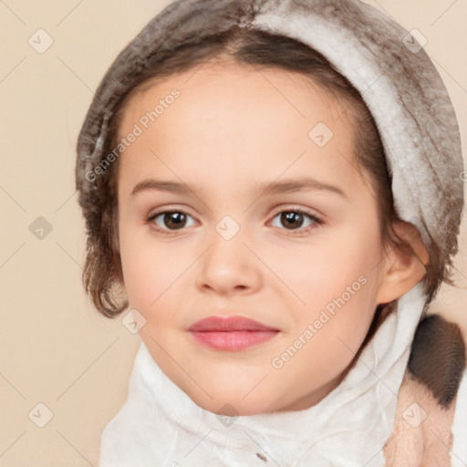 Joyful white child female with short  brown hair and brown eyes