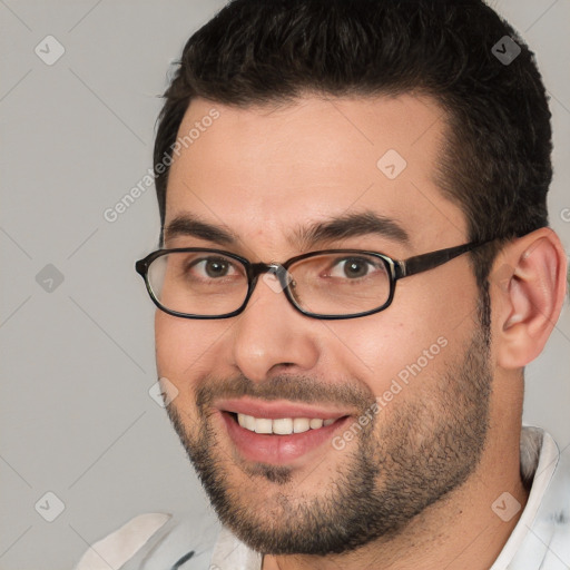 Joyful white young-adult male with short  brown hair and brown eyes