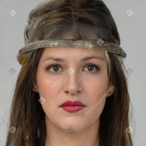 Neutral white young-adult female with long  brown hair and grey eyes