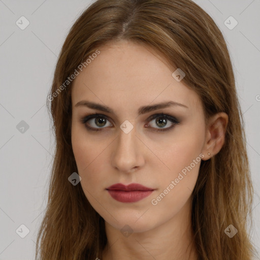 Neutral white young-adult female with long  brown hair and brown eyes