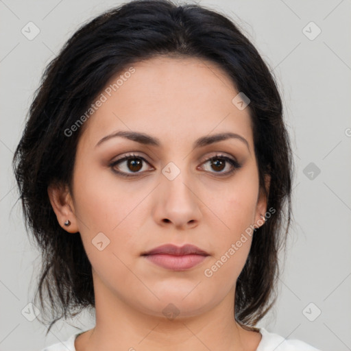 Neutral asian young-adult female with medium  brown hair and brown eyes