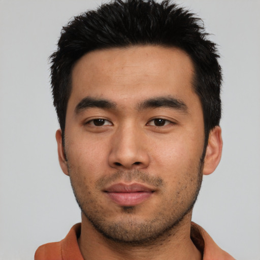 Neutral asian young-adult male with short  black hair and brown eyes