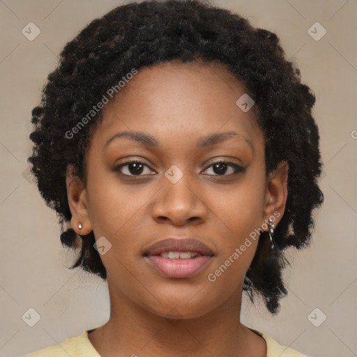 Joyful black young-adult female with medium  black hair and brown eyes