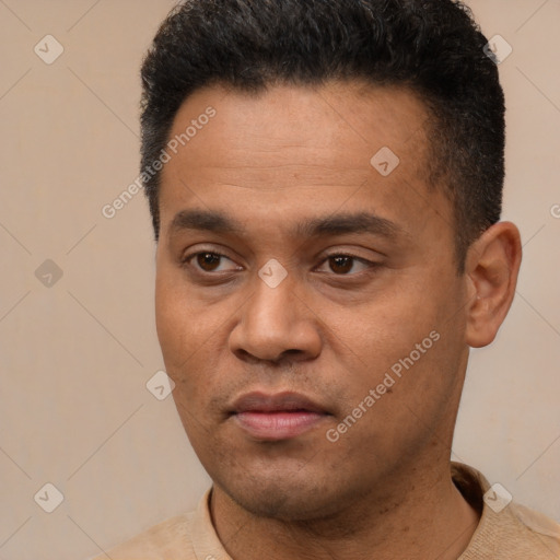 Joyful latino young-adult male with short  black hair and brown eyes