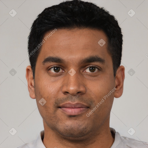 Neutral latino young-adult male with short  black hair and brown eyes