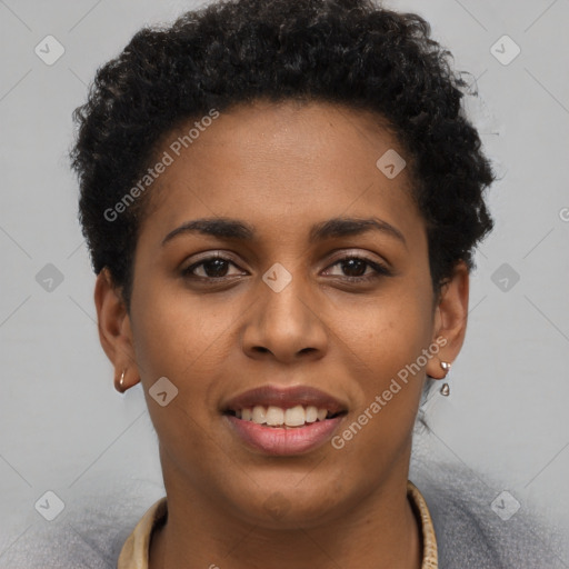 Joyful black young-adult female with short  brown hair and brown eyes