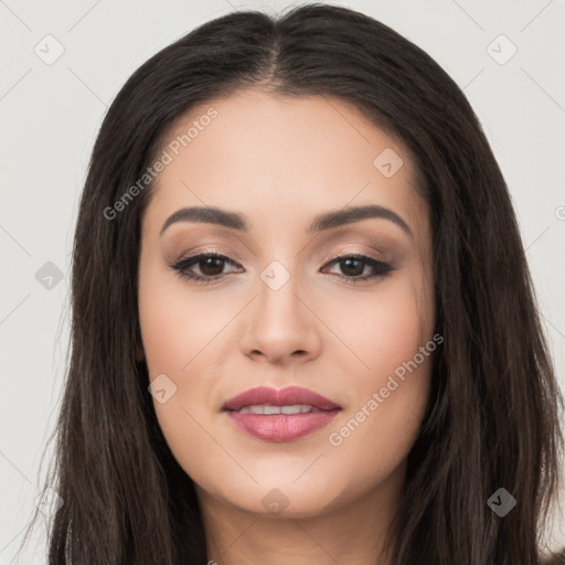 Joyful white young-adult female with long  black hair and brown eyes