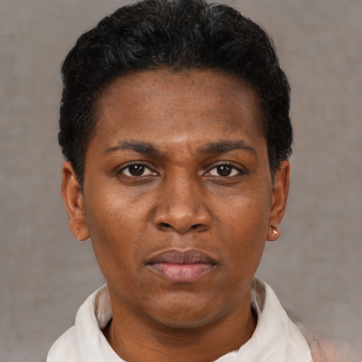 Neutral black young-adult female with short  brown hair and brown eyes