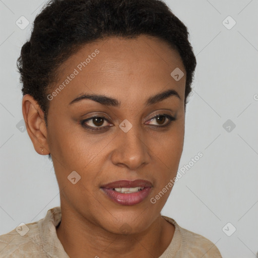 Joyful latino young-adult female with short  brown hair and brown eyes