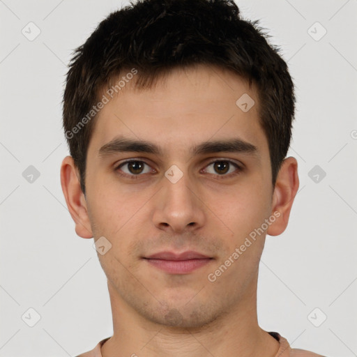 Neutral white young-adult male with short  brown hair and brown eyes