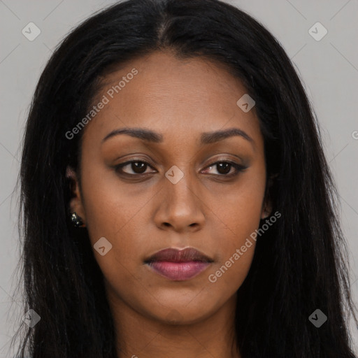 Neutral asian young-adult female with long  black hair and brown eyes