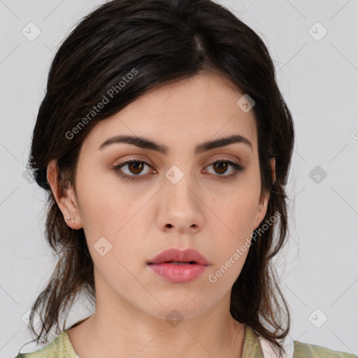 Neutral white young-adult female with medium  brown hair and brown eyes