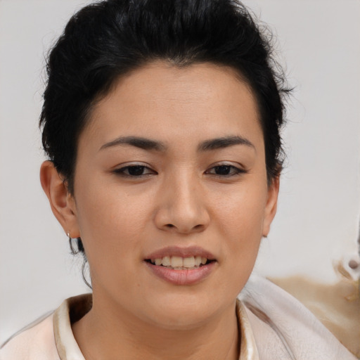 Joyful asian young-adult female with medium  brown hair and brown eyes