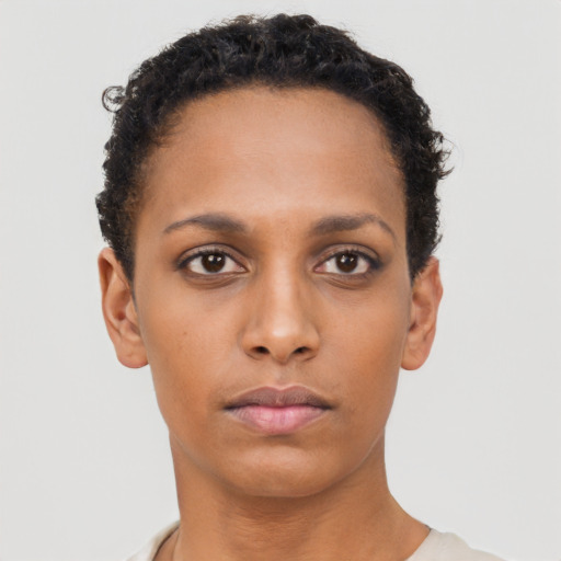 Neutral black young-adult female with short  brown hair and brown eyes