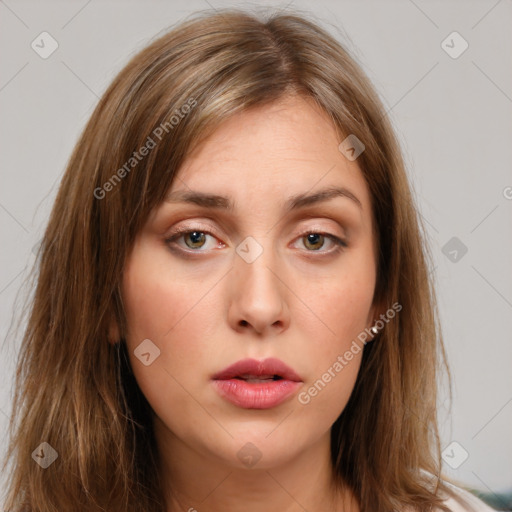 Neutral white young-adult female with long  brown hair and brown eyes