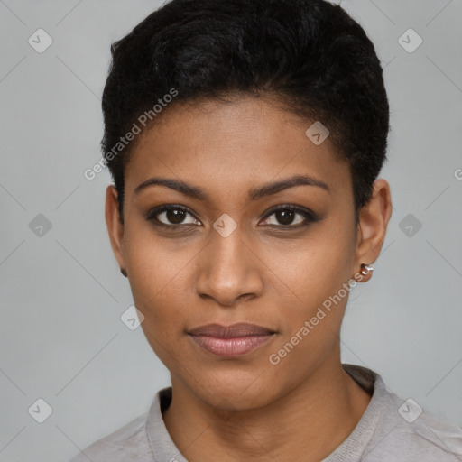 Neutral black young-adult female with short  black hair and brown eyes