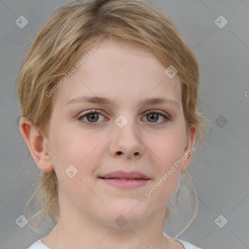 Joyful white child female with medium  brown hair and grey eyes