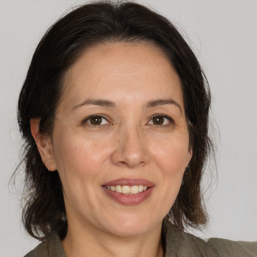 Joyful white adult female with medium  brown hair and brown eyes