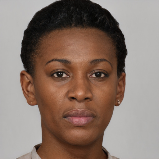 Neutral black young-adult female with short  brown hair and brown eyes