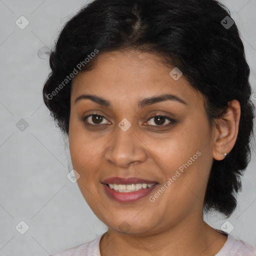 Joyful latino young-adult female with medium  brown hair and brown eyes