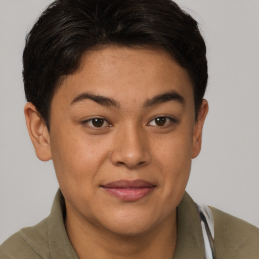 Joyful asian young-adult female with short  brown hair and brown eyes