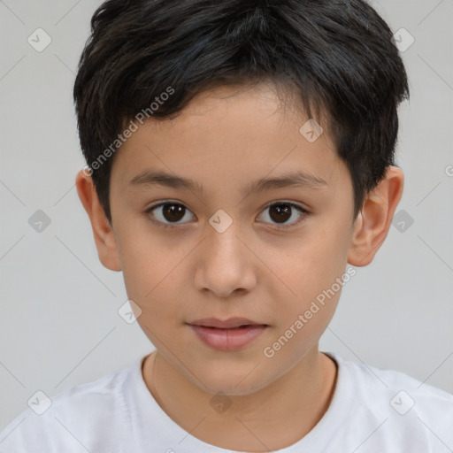 Joyful white child male with short  brown hair and brown eyes