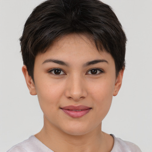 Joyful asian young-adult female with short  brown hair and brown eyes