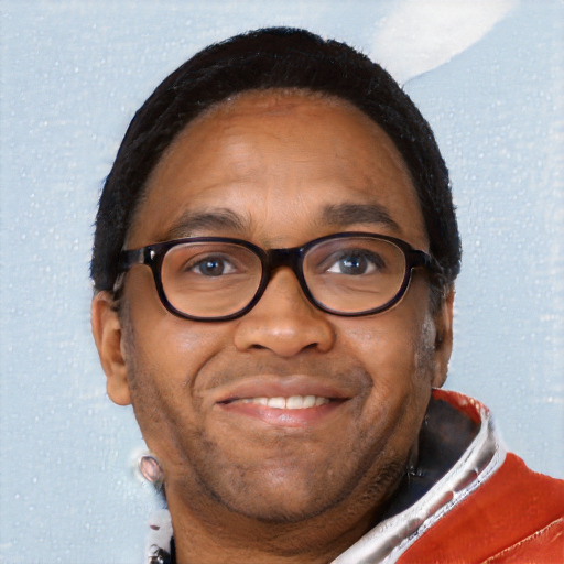 Joyful black adult male with short  brown hair and brown eyes