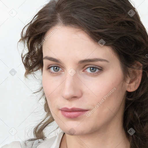 Neutral white young-adult female with medium  brown hair and grey eyes