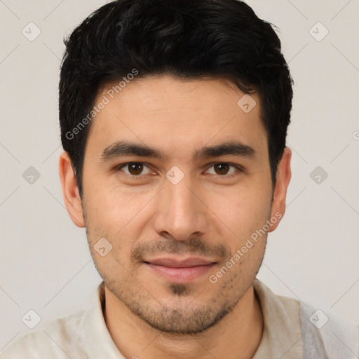 Joyful white young-adult male with short  black hair and brown eyes